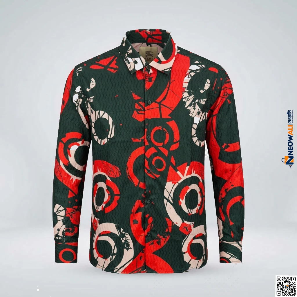 Men’s Dark Green Red Abstract Geometric Print Full Sleeve Shirt