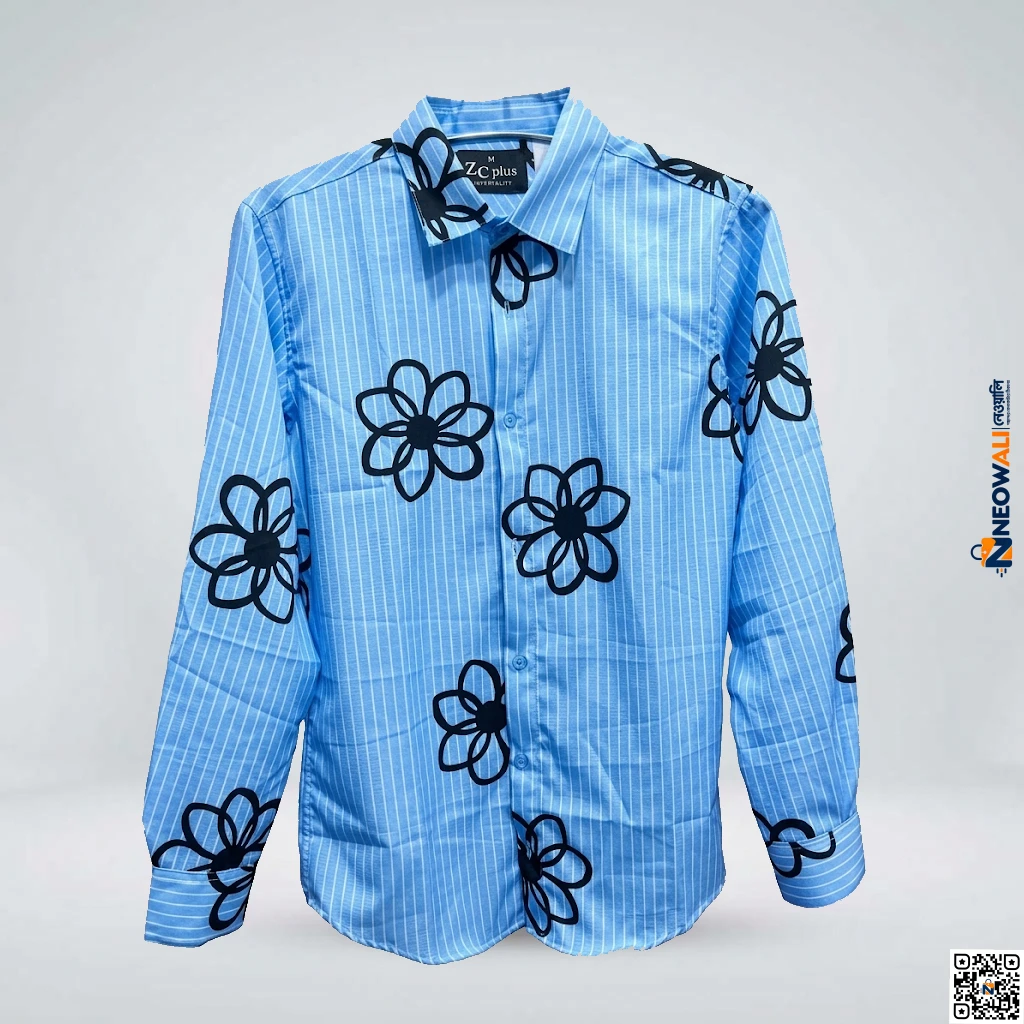 Men’s Sky Blue Striped Floral Print Full Sleeve Casual Shirt