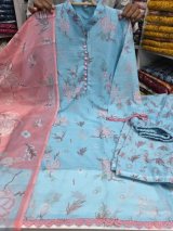 Premium Sky Blue White Gold Georgette 3 Piece Suit for Women – Digital Print Salwar Kameez with Designer Dupatta