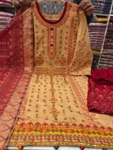 Boutique Mustard Cinigura Cotton 3 Piece Dress for Women – Premium Embroidered Salwar Kameez Set with Printed Dupatta