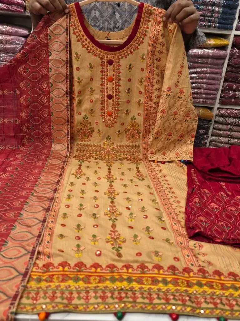 Boutique Mustard Cinigura Cotton 3 Piece Dress for Women – Premium Embroidered Salwar Kameez Set with Printed Dupatta